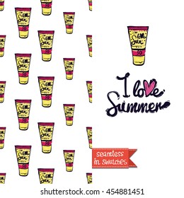 Summer style double sided greeting card for vacation. Seamless pattern with suntan lotion on one side and on another big art element with lettering: i love summer.