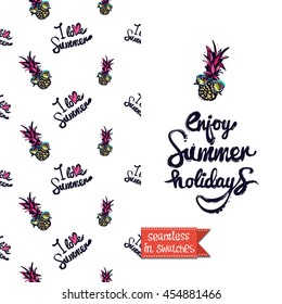 Summer style double sided greeting card for vacation. Seamless pattern with hipster pineapple in sunglasses on one side and on another big art element with lettering: enjoy summer holidays.