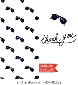 Summer style double sided greeting card for vacation. Seamless pattern with sunglasses on one side and on another big art element with lettering: thank you.