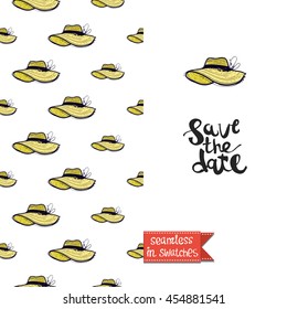 Summer style double sided greeting card for vacation. Seamless pattern with yellow straw hat on one side and on another big art element with lettering: save the date.
