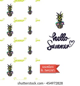 Summer style double sided greeting card for vacation. Seamless pattern with pineapple in sunglasses and summer inscription on one side and on another big art element with lettering: hello summer.