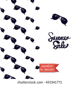 Summer style double sided greeting card for vacation. Seamless pattern with black sunglasses on one side and on another big art element with lettering: summer sale.