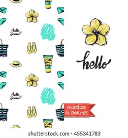 Summer style double sided greeting card for vacation. Seamless pattern with summer beach symbols: slippers, suntan lotion, hat, flowers on one side and on another big art element with lettering: hello