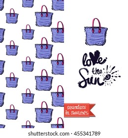 Summer style double sided greeting card for vacation. Seamless pattern with handbag on one side and on another big art element with lettering: love the sun.