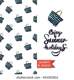 Summer style double sided greeting card for vacation. Seamless pattern with stripped bag on one side and on another big art element with lettering: enjoy summer holidays.