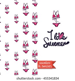 Summer style double sided greeting card for vacation. Seamless pattern with pink bikini on one side and on another big art element with lettering: i love summer.