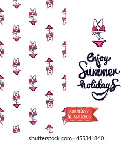 Summer style double sided greeting card for vacation. Seamless pattern with pink bikini swimsuit on one side and on another big art element with lettering: enjoy summer holidays.