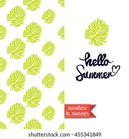 Summer style double sided greeting card for vacation. Seamless pattern with leaf on one side and on another big art element with lettering: hello summer.