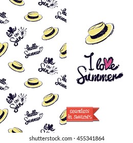 Summer style double sided greeting card for vacation. Seamless pattern with beach hat on one side and on another big art element with lettering: i love summer.