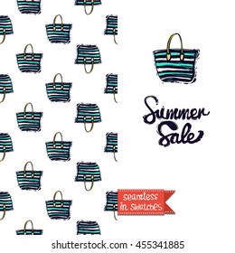 Summer style double sided greeting card for vacation. Seamless pattern with beach stripped bag on one side and on another big art element with lettering: summer sale.