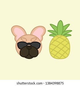 Summer Style Fawn Coat French Bulldog with Pineapple Cartoon Vector Illustration