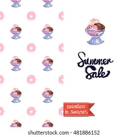 Summer style greeting card for vacation, inspired by ice-cream and sweet desserts. Seamless pattern with bowl ice cream on one side. On another art element with lettering: summer sale.