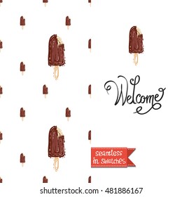 Summer style greeting card for vacation, inspired by ice-cream and sweet desserts. Seamless pattern with chocolate popsicle on one side. On another art element with lettering: welcome.