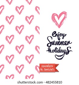 Summer style greeting card for vacation, inspired by ice-cream and sweet desserts. Seamless pattern with pink heart on one side. On another art element with lettering: enjoy summer holidays.