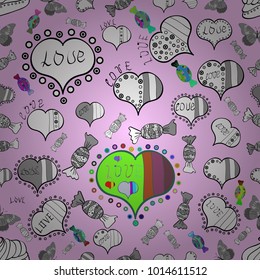 Summer style illustration with cute elements. Vector. Seamless colorful boho pop art style. Love and happy designs. Nice hearts love on neutral, white and gray colors on cute background.