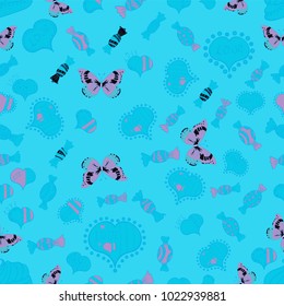 Summer style illustration with cute elements. Seamless pop art style. Vector. Nice hearts love on blue, blue colors on cute background. Love and happy designs. Ideal for greeting card, label, tag, etc