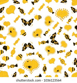 Summer style illustration with elements. Seamless colorful boho pop art style. Vector. Nice hearts love on white, yellow colors on cute background. Love and happy designs. Ideal for label, tag, etc.