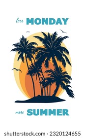 Summer style ilustration. Vector background. Palm trees on the island during sunset.