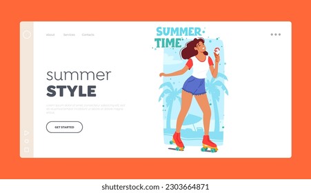 Vorlage für Landing Page im Sommerstil. Fröhliche Frau Rollerblading am Strand mit Eis Creme. Weibliche Charaktere genießen eine erfrischende Kur während der Fahrt auf dem Bürgersteig. Vektorgrafik von Cartoon People