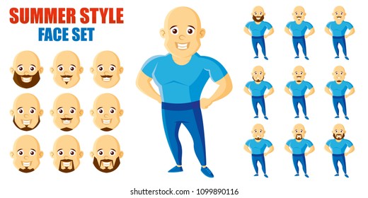 Summer Style Man Face Set Cartoon character Vector illustration isolated on white background