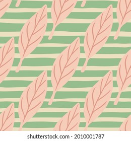Summer style plants seamless pattern with pink abstract leaf ornament. Green striped background. Perfect for fabric design, textile print, wrapping, cover. Vector illustration.