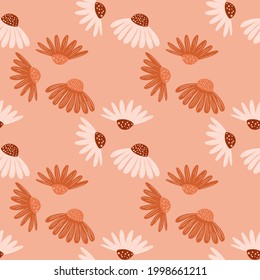 Summer style seamless pattern with abstract daisy flowers shapes. Pink pastel background. Nature backdrop. Designed for fabric design, textile print, wrapping, cover. Vector illustration.