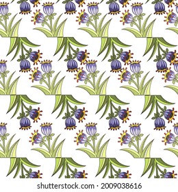 Summer style seamless pattern with blue bell decorative print. Isolated botanic artwork. Floral backdrop. Graphic design for wrapping paper and fabric textures. Vector Illustration.