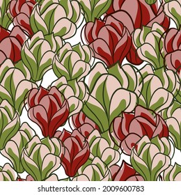 Summer style seamless pattern with green and red colored random magnolia flowers shapes. Isolated print. Flat vector print for textile, fabric, giftwrap, wallpapers. Endless illustration.
