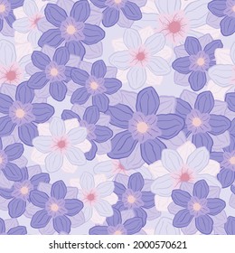 Summer style seamless pattern with purple colored anemone flowers shapes. Pastel colored artwork. Vector illustration for seasonal textile prints, fabric, banners, backdrops and wallpapers.