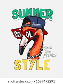 summer style slogan with cartoon flamingo in sunglasses and necklace illustration