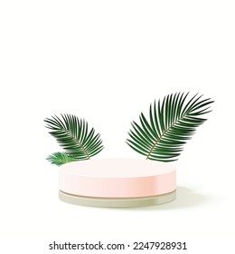 Summer style with tropical leaves, realistic wooden podium with geometric shapes. Podium for product demonstration. vector illustration.