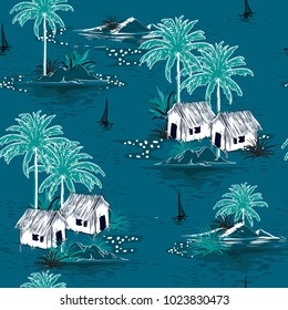 Summer stylish seamless Dark ocean island pattern on blue background. Landscape with palm trees,beach and ocean vector hand drawn style.