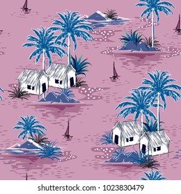 Summer stylish seamless  island pattern on sweet purple background. Landscape with palm trees,beach and ocean vector hand drawn style.