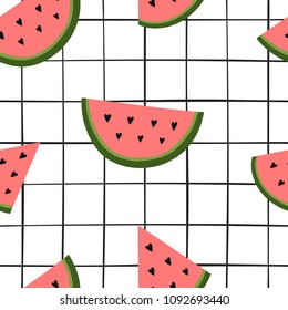 Summer stylish seamless pattern with fun fruits on checkered background. Cute print for t-shirt, wallpaper, wrapping paper, textile and more. Vector illustration.