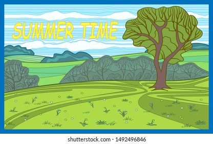 Summer stylized landscape with hills and trees