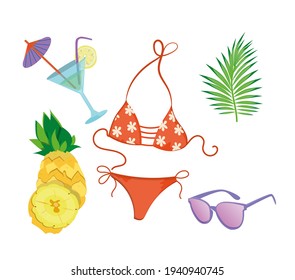 Summer subjects. Set of summer items with a swimsuit and other items. Design element, print, background, layout.