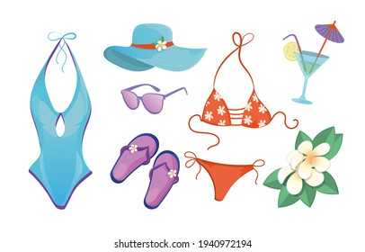 Temas de verano. Conjunto de artículos de verano con traje de baño y otros artículos. Diseño, impresión, fondo, diseño.