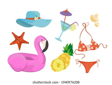 Summer subjects. Set of summer items with a swimsuit and other items. Design element, print, background, layout.