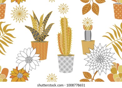 Summer succulent garden. Golden and silver floral pattern. Minimalism style. Abstract cacti,  flowers and palm leaves on white background. Oriental textile collection.