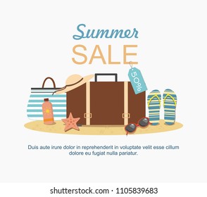 Summer suitcase and Beach Accessories on sand. Summer sale Vector illustration