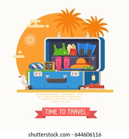 Summer suitcase full of vacation clothes and things for summertime holidays. Open suit case on sea beach with stuff for trip. Packing luggage for travel concept vector illustration in flat design.