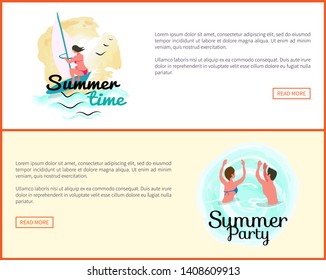 Summer and summertime relaxation vector, people swimming in water, lady windsurfing. Active hobby of female, seagulls birds in sky, website with text