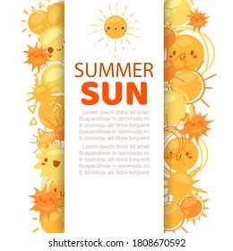 Summer sun background, bright sunlight, yellow beam, warm season, design cartoon style vector illustration, isolated on white. Creative poster, colorful spring sunset, stylized different types sun.