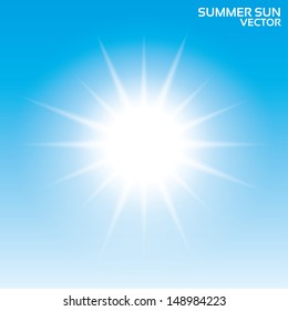 Summer sun background. Vector illustration. Blue sky.