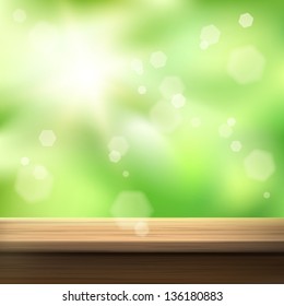 Summer sun background with wooden table. Vector set.