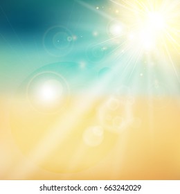 Summer sun and beach shiny sunlight from the sky nature with lens flares vector background