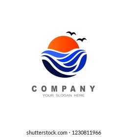 summer, sun, bird, sea and waves. abstract logo and icon colorful design template