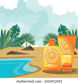 Summer sun bronzer bottles on beach scenery cartoons vector illustration graphic design