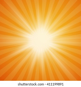 Summer sun burst on orange background with light rays. Vector illustration.