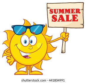 Summer Sun Cartoon Mascot Character With Sunglasses Holding A Wooden Sign With Text Summer Sale. Vector Illustration Isolated On White Background